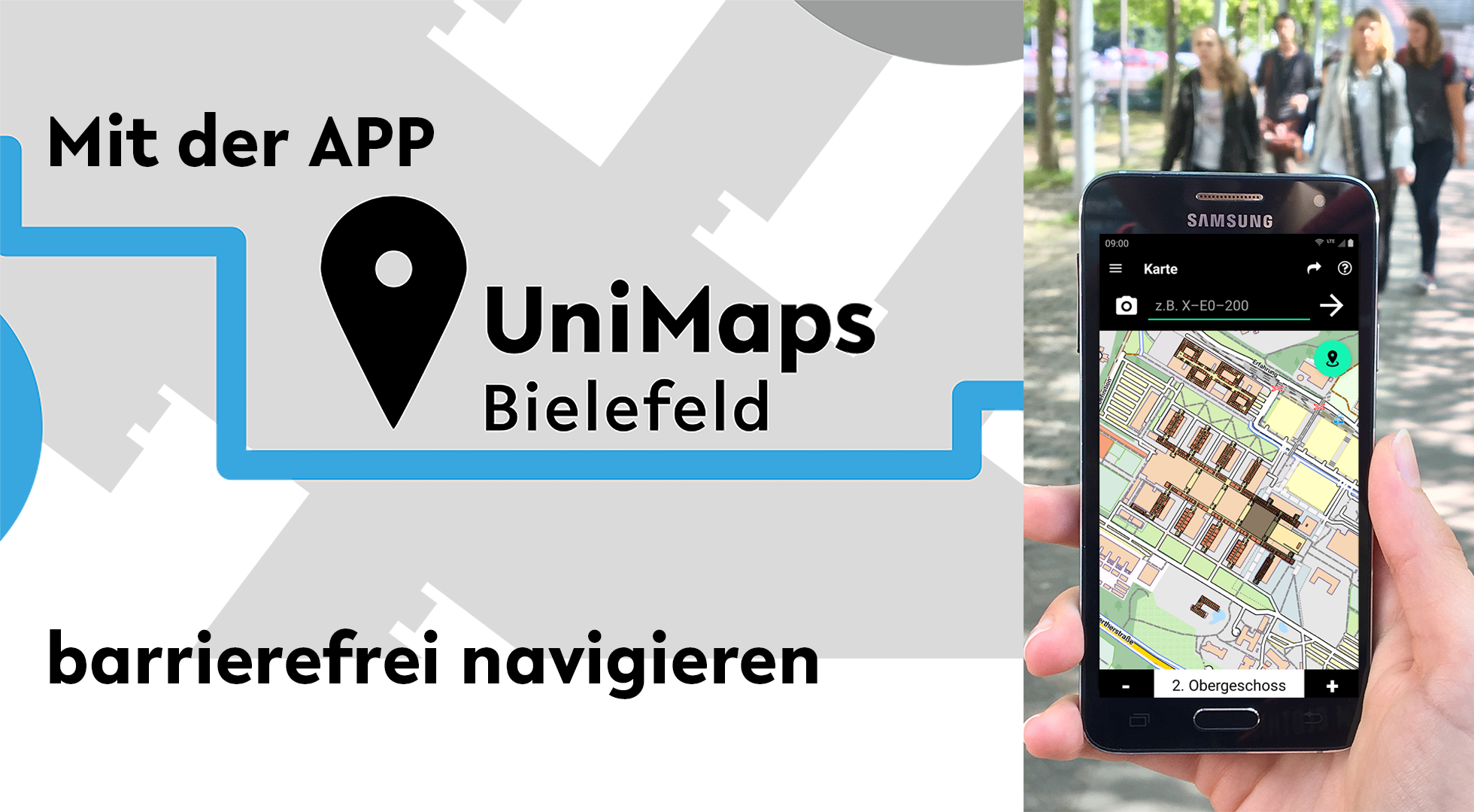 Schriftzug "Mit der APP UniMaps Bielefeld barrierefrei navigieren"