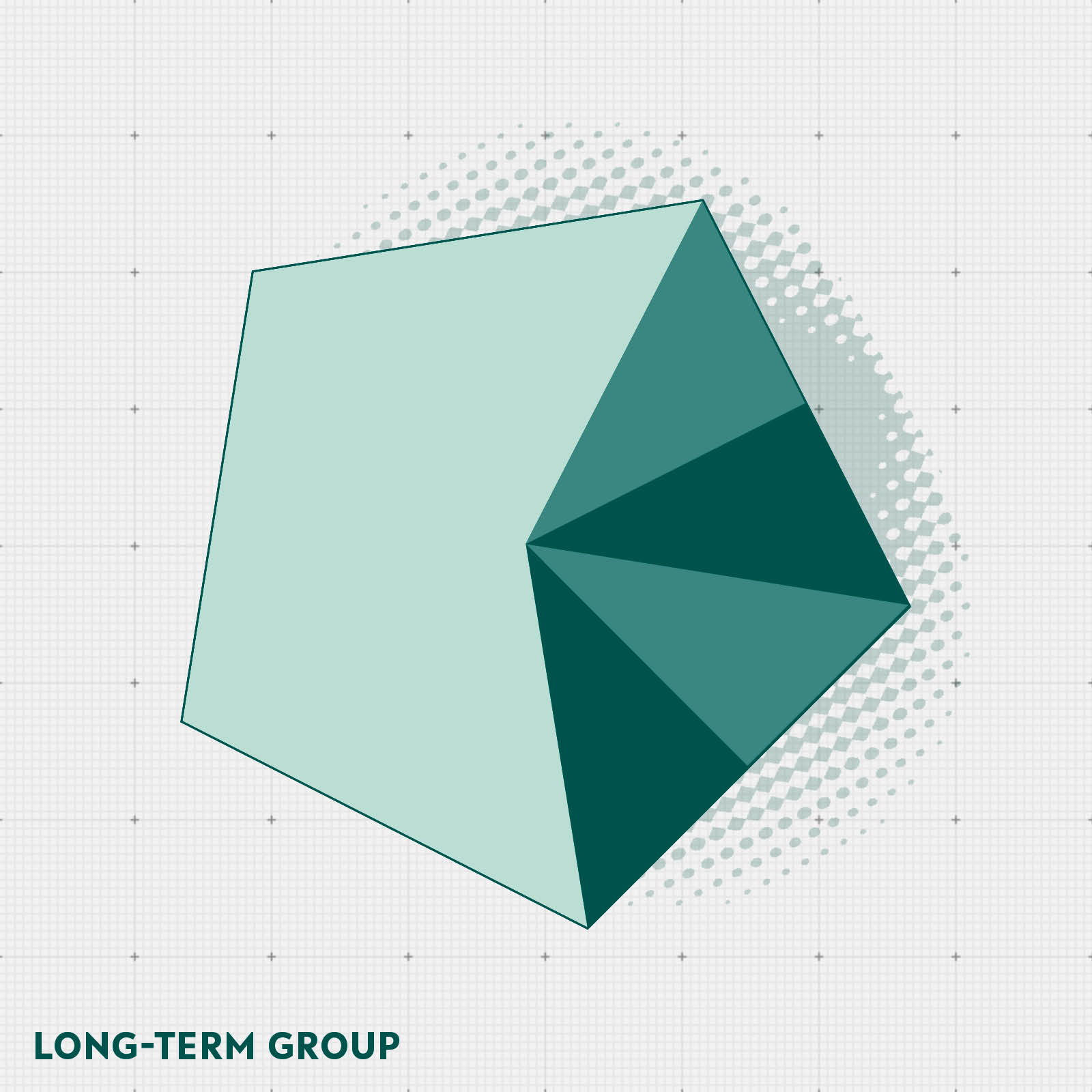 Graphic: a mint pentagon with lighter and darker green triangles on it, representing the different stays of a Long-Term Group