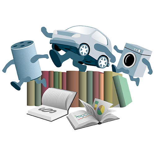 Illustration: a voice assistant, a car and a washing machine with legs sort of running over a stack of books and law texts