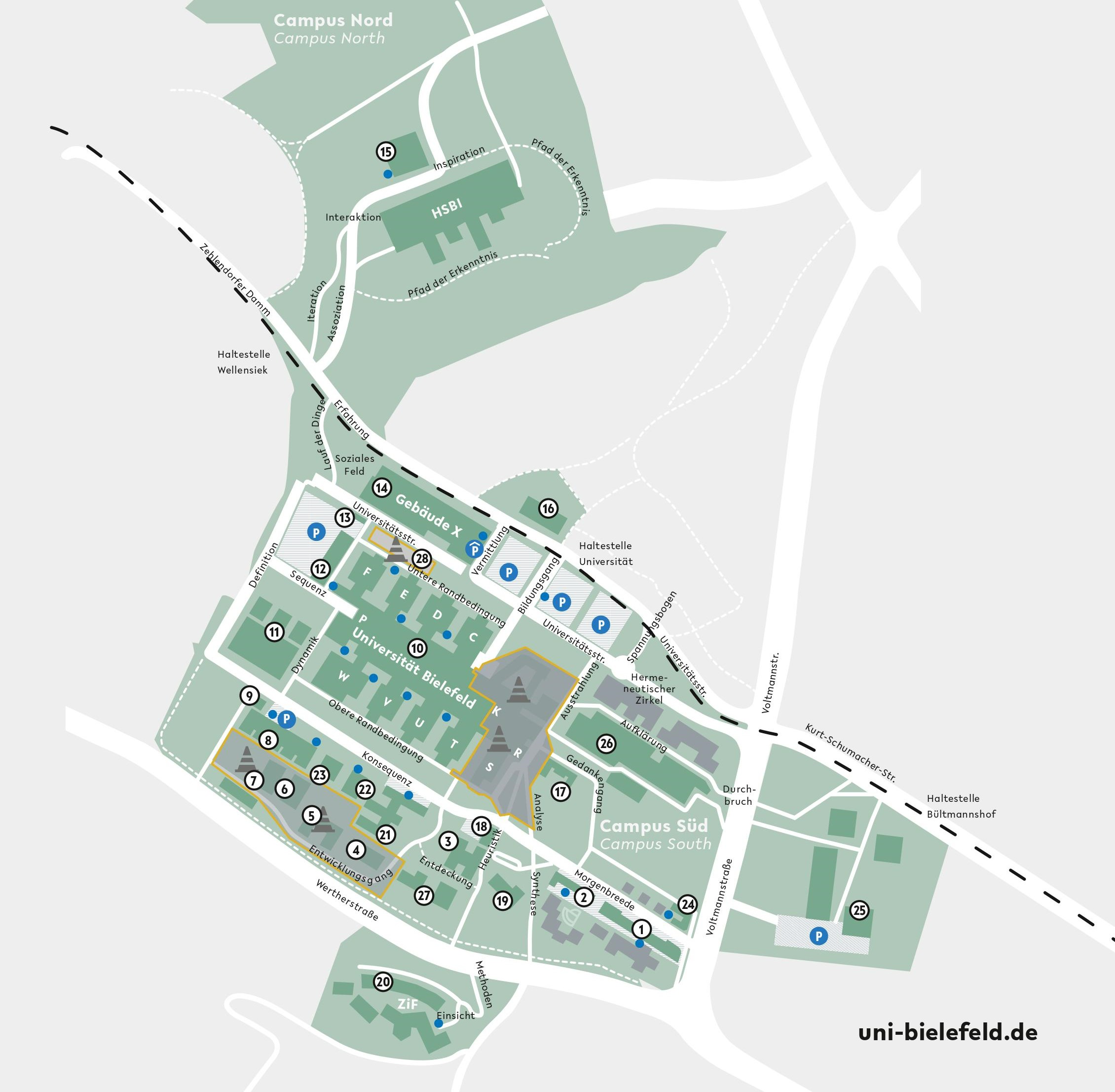 Karte vom Uni Campus mit allen zugehörigen Gebäuden