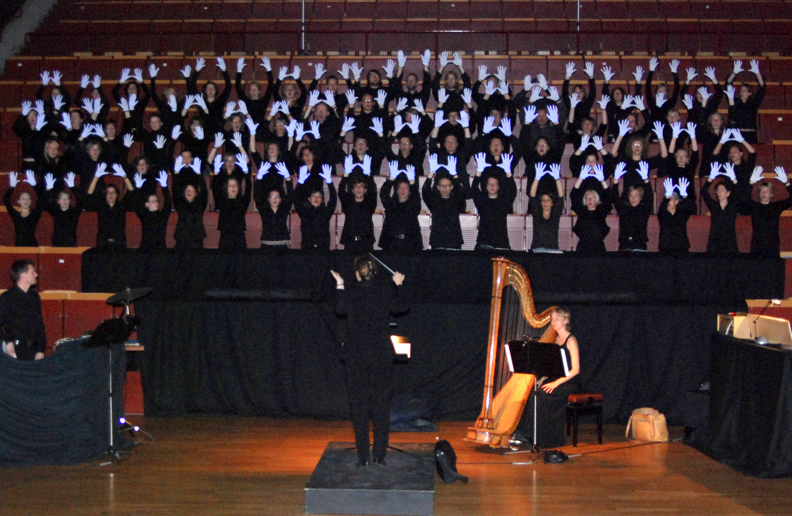 Der Chor bei einer Aufführung. Die Mitglieder halten ihre Hände in die Luft und tragen dabei weiße Handschuhe